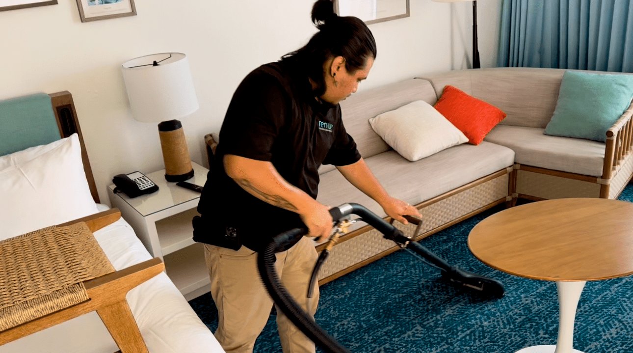 Renue technician deep cleaning hotel carpet in Hawaii.