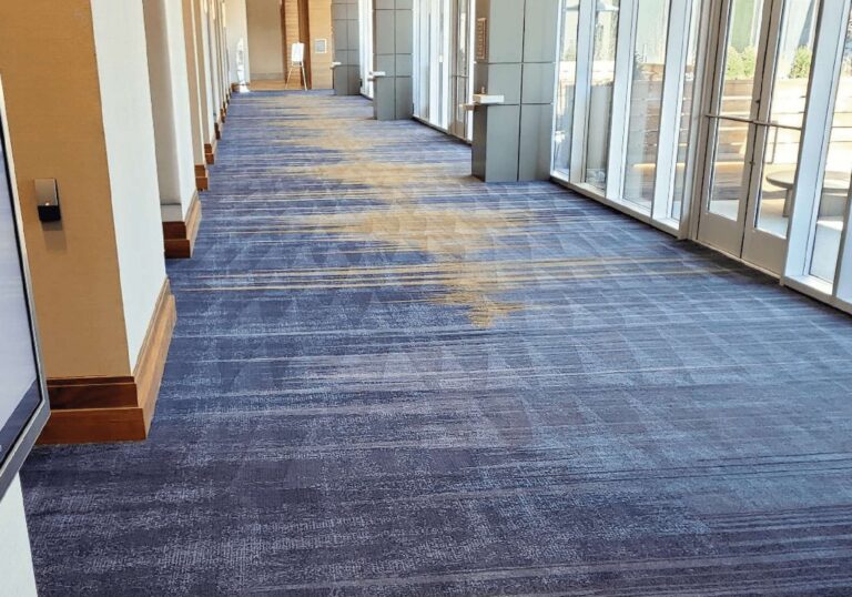 A wide-angle view of a well-lit commercial hallway with plush, clean carpets. The walls are adorned with contemporary artwork, and the hallway leads to an elevator at the end. This indicates the specialized cleaning services provided by Renue deep cleaning Hawaii.