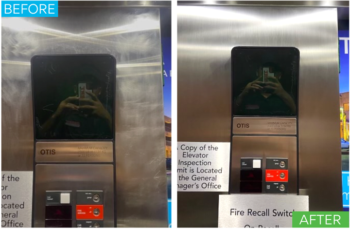 Before and after image of elevator scratch removal service in Hawaii, showcasing expert stainless steel restoration for hotels and condos.