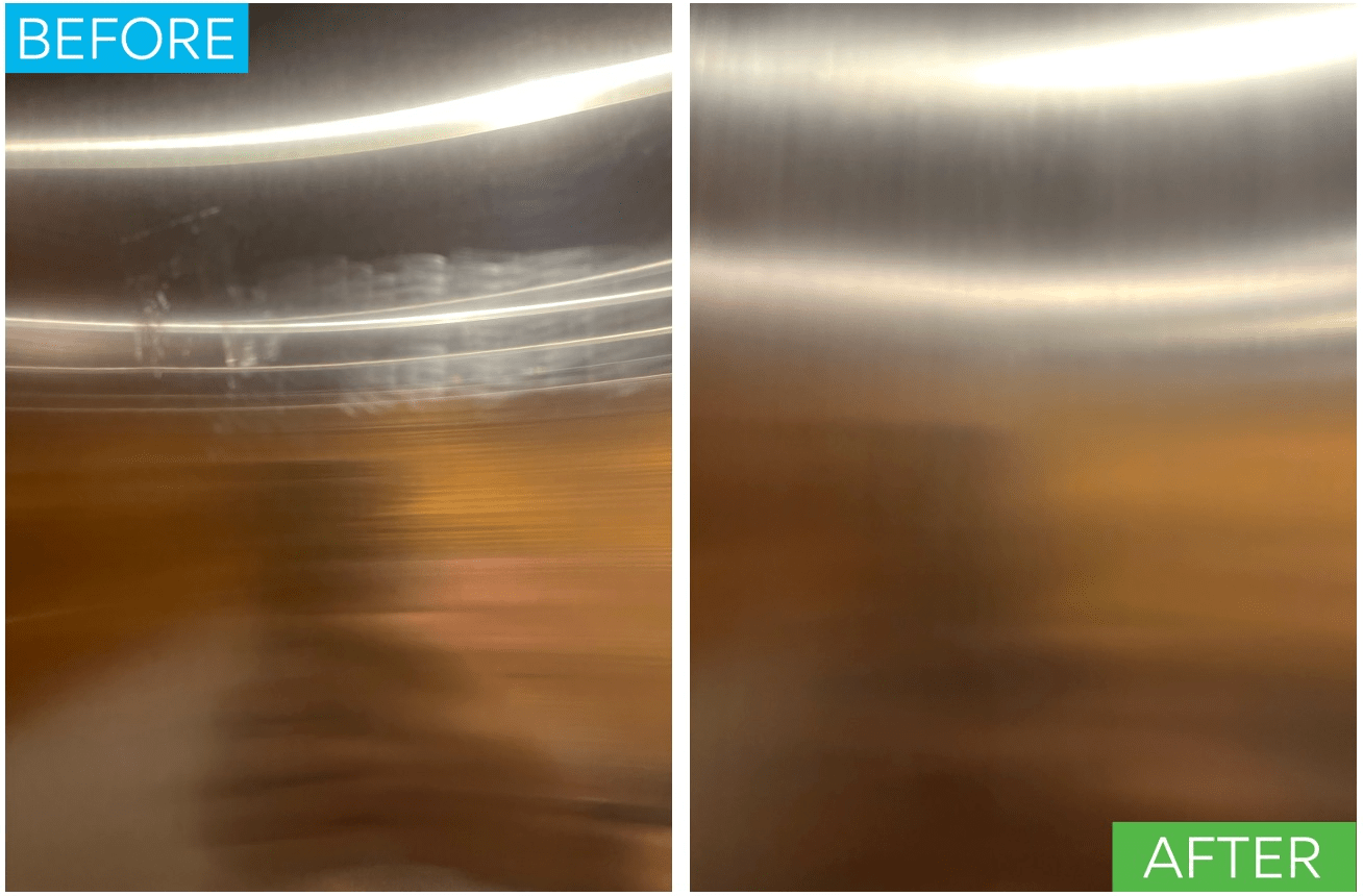 Before and after of scratched stainless steel elevator restoration in Hawaii