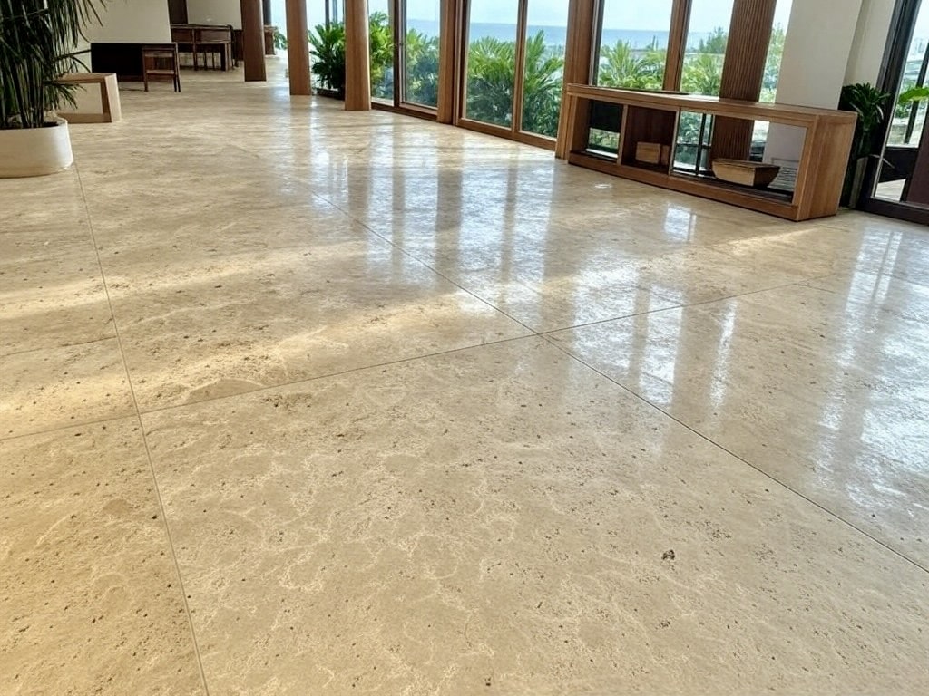 Renue Hawaii Restored Limestone Floor to Factory Finish