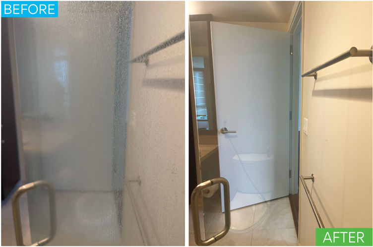 Before and after hard water spot removal on shower glass in Honolulu — left shows severe scaling and cloudy buildup, right shows glass fully restored to crystal-clear clarity.